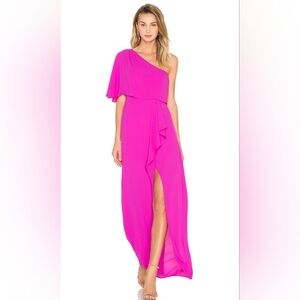 BCBGMaxAzria One-Shoulder Ruffle Maxi Dress in Magenta